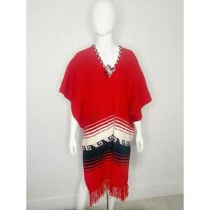 Vintage Red Knit Poncho Shawl Fringe Hem Boho Festival One Size
